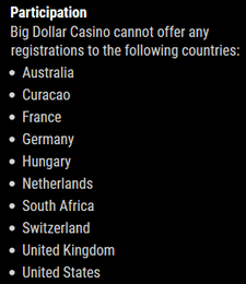 Big Dollar Casino excluded countries