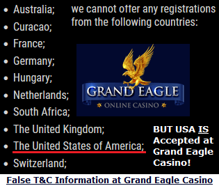 Grand Eagle Casino, excluded countries