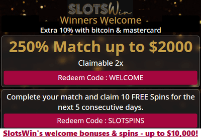 SlotsWin's $10,000 + 50 spins welcome bonus